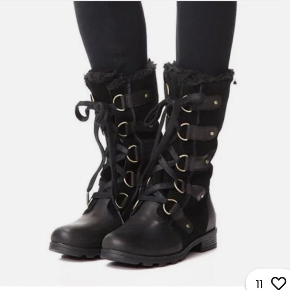 SOREL Emelie Lace Up Winter Boots Black Leather Waterproof Insulated Combat 6.5